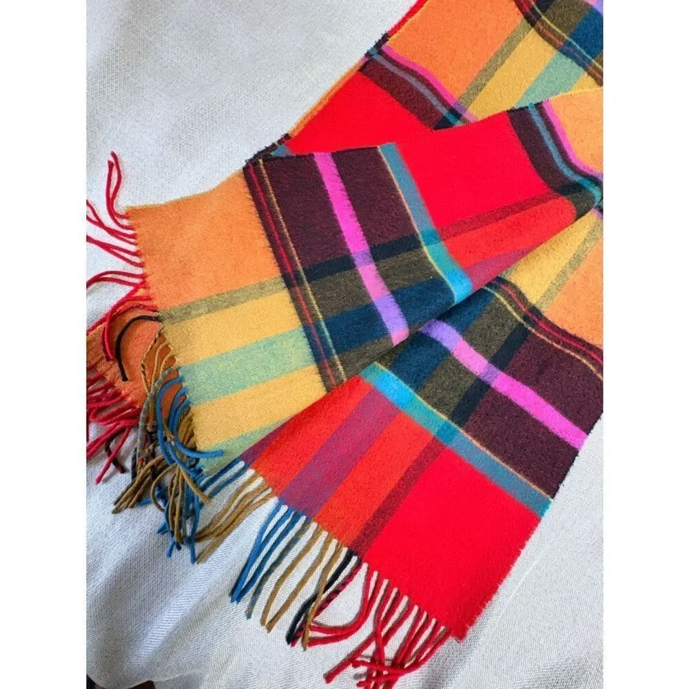 Bright Plaid Fringe Scarf Multicolor Tartan 15”x64”